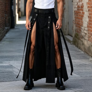 Gesplitste rokbroek voor heren, avant-garde streetwear, wijde pijpen, hoge split