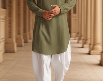 Camisa caftán de longitud media para hombre, túnica musulmana plisada con botones, blusa islámica modesta