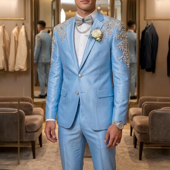beaded dress suit Luxury Men Set Custom Size and Color Wedding Groom Tuxedo Prom Blazer length pants Pockets Straps & Sleeves_Long Sleeve Rrunsv Men's Black Classic Size:30GG