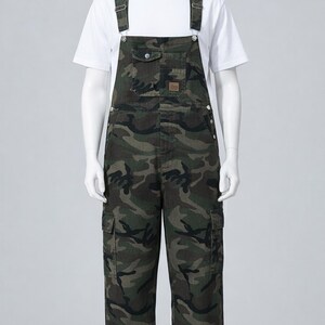 Men's slim-fit camouflage denim bib overalls with adjustable shoulder straps and multiple pockets in an urban streetwear design