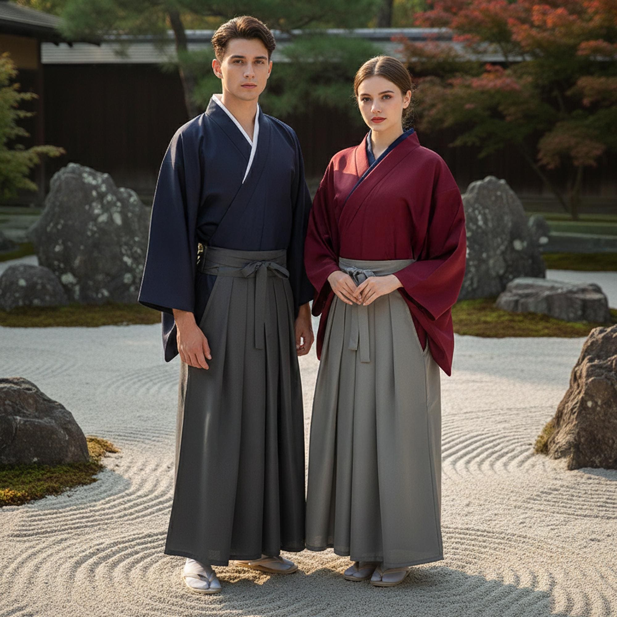 KRUIHAN Japanese Kimono Men Yukata Kimono Robe Japanese Traditional Samurai Uniform Cosplay Costume Japanese Style Clothing Haori Jacket Top Hakama Skirt Set,One Size,Beige