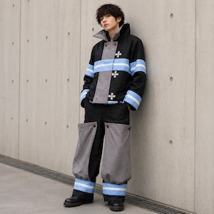 May include: Black jacket and pants with blue and white stripes, and gray accents. The jacket has a high collar and cross-shaped buttons. The pants have large gray pockets. The outfit is worn with black boots.