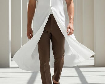 Męska koszula typu kardigan z długim, stójkowym kołnierzykiem i krótkim rękawem w stylu streetwear