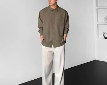 Men’s Oversized Button-Up Shirt in Semi Wool Cotton