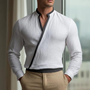 Men's V-Neck Light Business Shirt Long Sleeve Buttonless Breathable Polyester Smart Casual Top