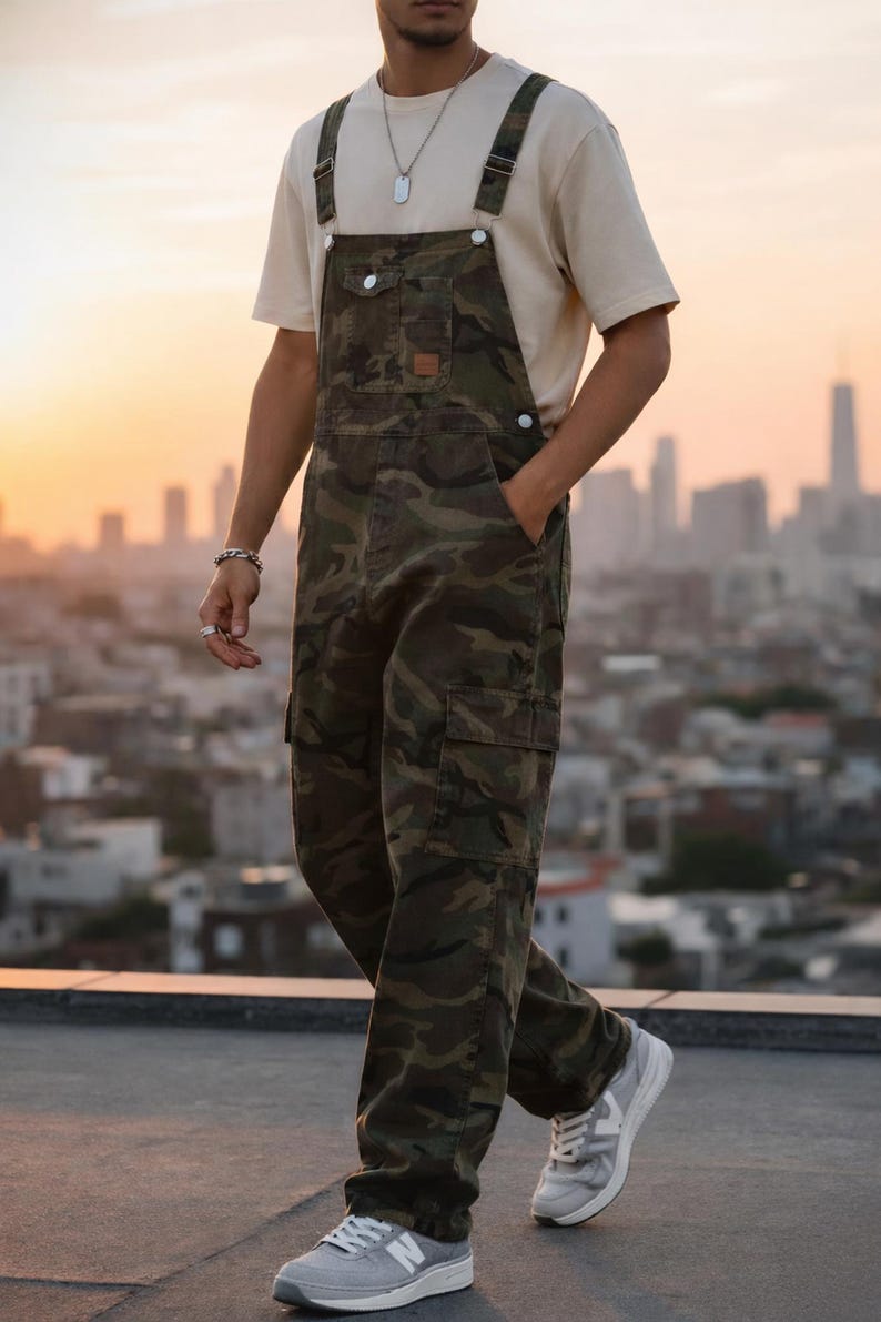 Men's slim-fit camouflage denim bib overalls with adjustable shoulder straps and multiple pockets in an urban streetwear design