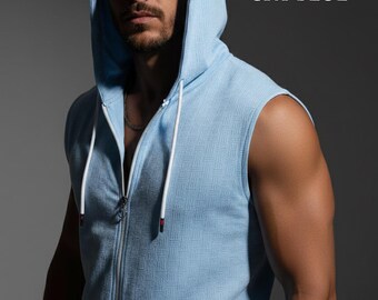Men's Jacquard Stripe Sleeveless Hoodie Zip-up Breathable Cotton Men's Jacquard Stripe Sleeveless Hoodie Zip-up Breathable Cotton