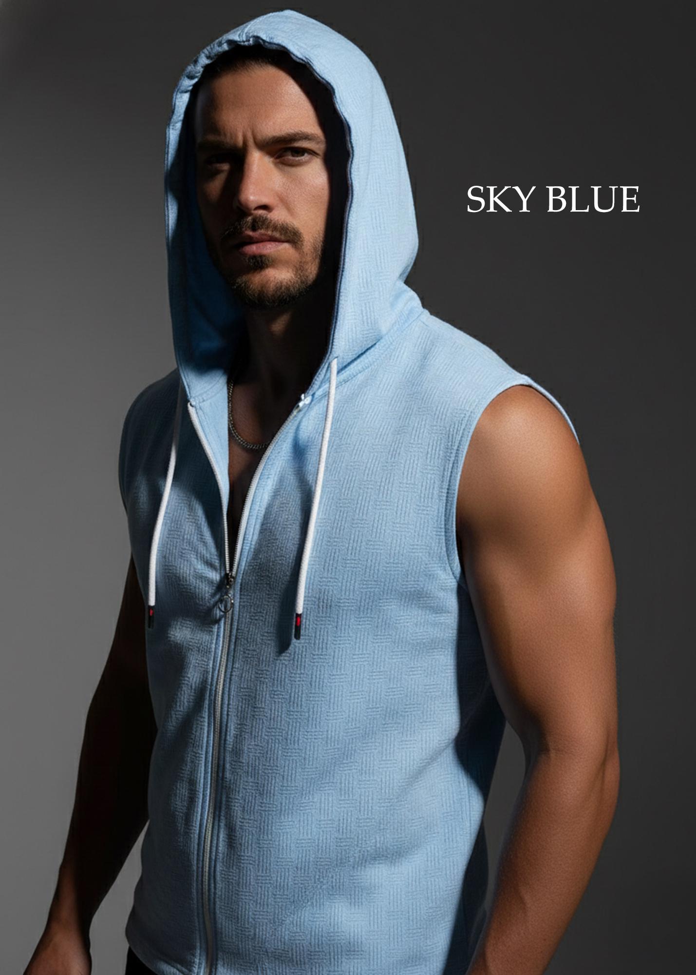 Men's Jacquard Stripe Sleeveless Hoodie Zip-up Breathable Cotton