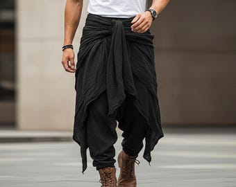 Herrveckade harembyxor med vida ben, streetwear-samurajbyxor med knytband fram