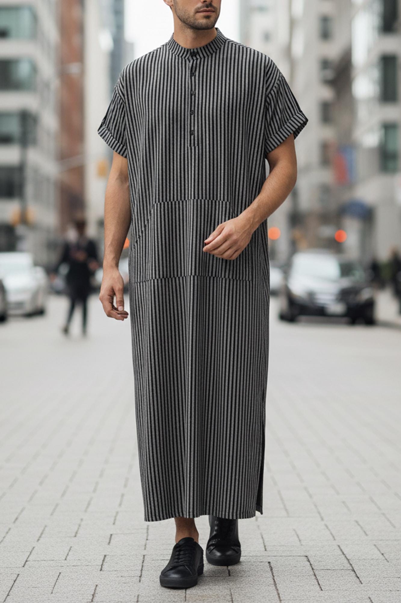 Men's Striped Short Sleeve Islamic Kaftan V-neck Casual Arabic