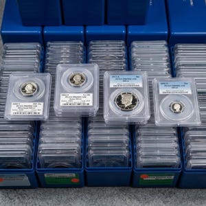 May include: A selection of silver coins in clear protective cases, stored in blue boxes. The coins are graded and certified by PCGS, with details of the coin's design and year visible. The image displays a range of collectible coins.