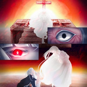 May include: A woman in a white dress stands on a wooden platform with a cross behind her. The woman is surrounded by a red and orange glow. The image is a depiction of a religious scene.