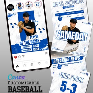 May include: A customizable baseball media kit displayed on a smartphone and printed materials. The design features a baseball player in a blue and black uniform, game schedules, breaking news, and final scores. The kit includes the text "Canva Customizable Baseball Media Kit."
