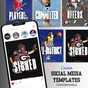 May include: A collection of social media templates for athletes. The templates feature a variety of sports, including baseball, basketball, football, and volleyball. The templates are customisable and can be used to announce commitments, signings, offers, and other important milestones.
