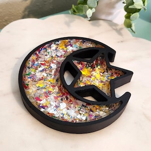 Black Moon & Star Trinket Dish with Rainbow Foil Confetti – Resin Coated, Handmade Cosmic Decor
