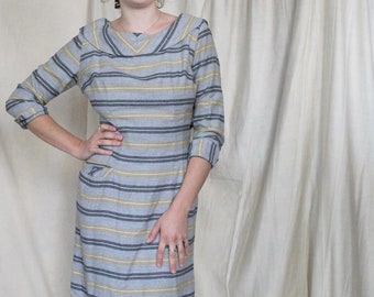 Vintage 1960s Striped Wiggle Dress | 50s 60s Grey Flannel Dress with Pockets | Boat Neck Dress | 60s Shift Dress | 60s Womens Workwear