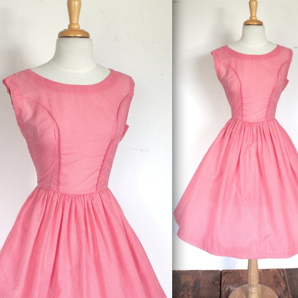 Vintage 1950's Dress // 50s Semi Sheer Pink Garden Party Dress with Exposed Princess Seams