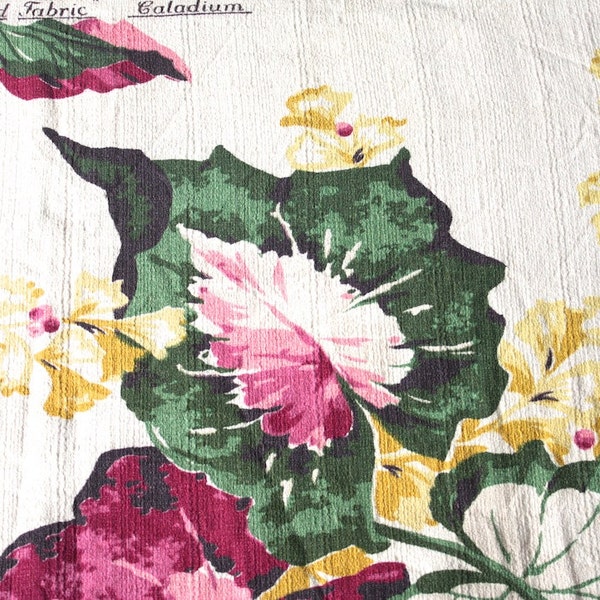 Vintage 1940s Curtain // 40s 50s Barkcloth Curtain Panel with Caladium Leaf Print // Waverly Fabric