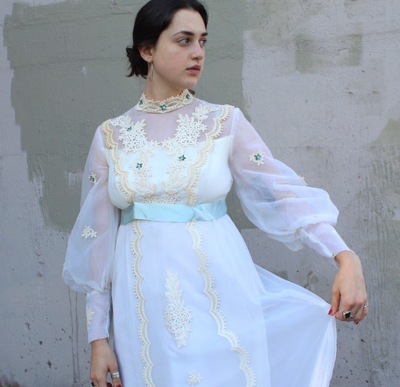 Vintage 1960's Dress // 60s White Chiffon and Lace