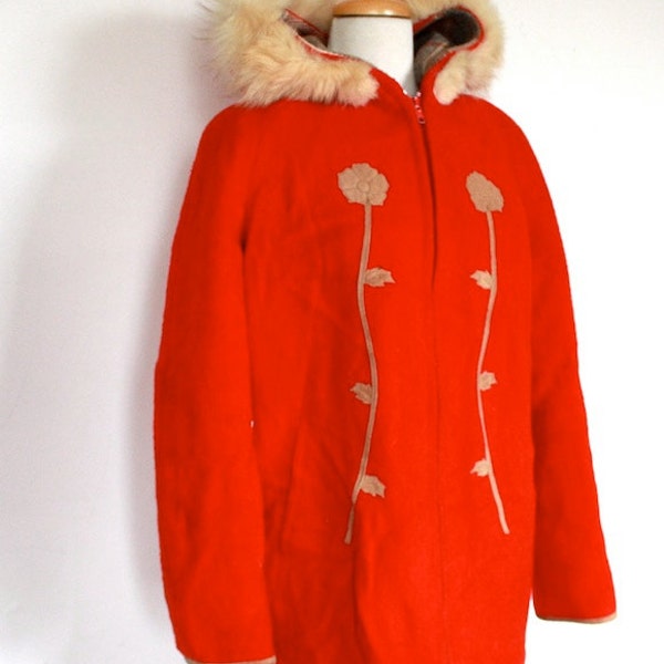 Vintage 1960s Red Wool Eskimo Coat With Fox Fur Trim Hood