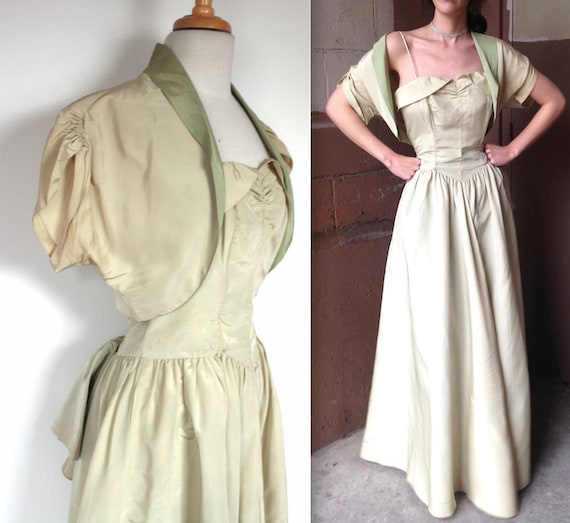 Vintage 1940's Gown | 40s Pistachio Green Taffeta