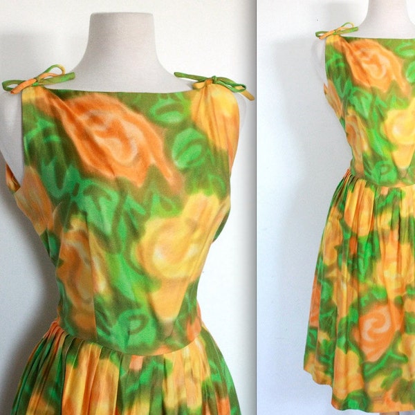 Vintage 1950's Dress // 50s Summer Sun Dress with Bows // Yellow and Orange Abstract Rose Print