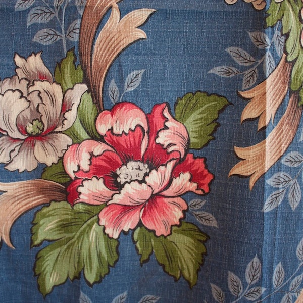 SALE 40s 50s Blue Floral Barkcloth Vintage 1940s 1950s Curtain Panel Fabric