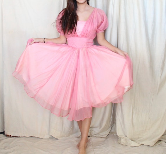 Vintage 1950's Dress // 50s Pink Chiffon Cocktail