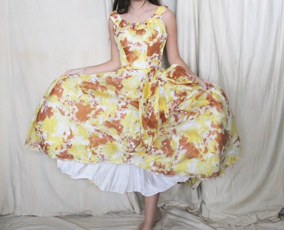 Vintage 1950's Party Dress | 50s Yellow and Brown