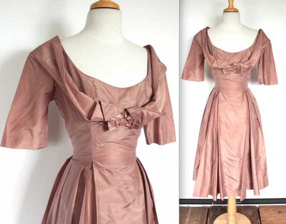 Vintage 1950's Dress // 40s 50s Rosy Brown Silk Ta