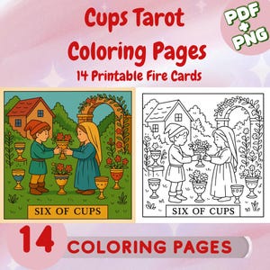 Zes van Bekers Tarot Kleurplaat – Printbare Kleine Arcana Kaart – Mystieke Kleurplaat voor Volwassenen – Spiritueel PDF + PNG