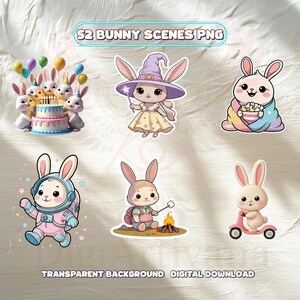 Pack d'Autocollants Aventure de Lapin Kawaii – 52 PNG de Lapins Mignons – Téléchargement Numérique Pastel pour Imprimer & Découper