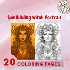 Brujas Bohemias Místicas – 20 Retratos Mágicos para Colorear (PDF + PNG en Tamaño A4 y Carta US) | Arte Espiritual en Escala de Grises