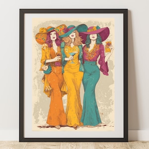 1970s Fashion Illustration Print: Chic Cocktail Ladies, Retro Woman (Digital Download)