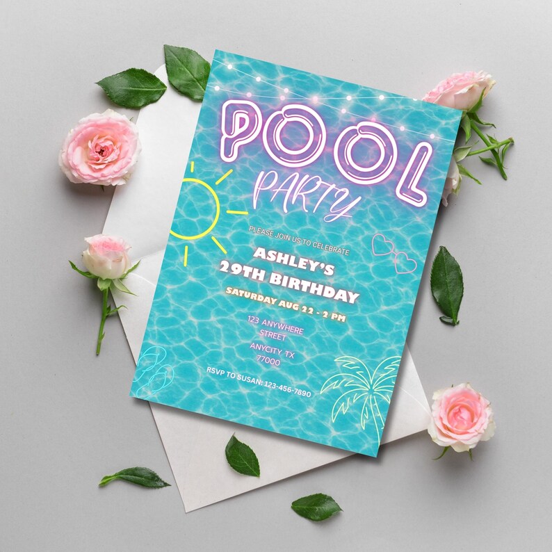 Editable Pool Party Invitation • Summer Birthday Invite for Kids or Adults • Fun Canva Template ...