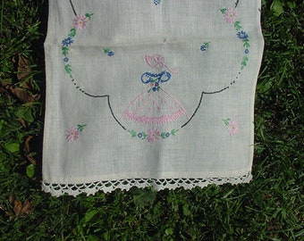 Vintage Finished Hand Embroidered Table Runner With Woman In Hoop Skirt  19 - 959