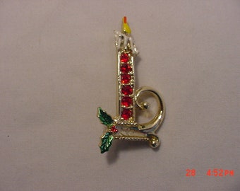 Vintage Red Rhinestone Accented Finger Candle Christmas Brooch  18 - 1128