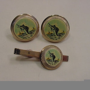 Vintage Sail Fish Cuff Link & Tie Clip Set  19 - 429