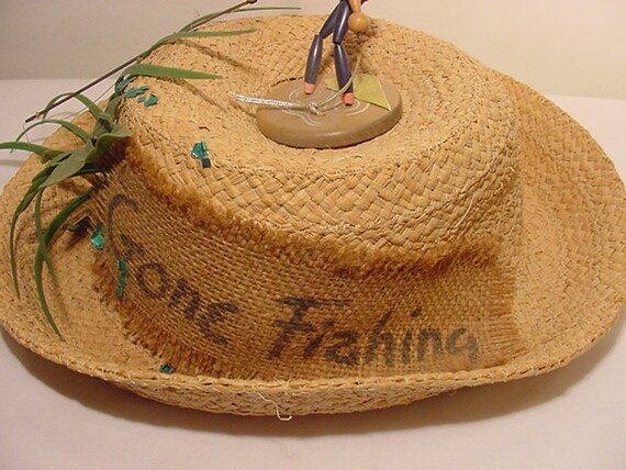 Vintage Maybelle Marie Birch Whimsical Novelty Gone Fishing Straw Sun Hat - Balboa Island - Newport Beach California 24 - 62