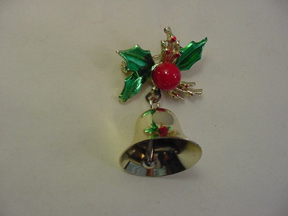 Vintage Real Bell & Holly Christmas Brooch  21 - … - image 4