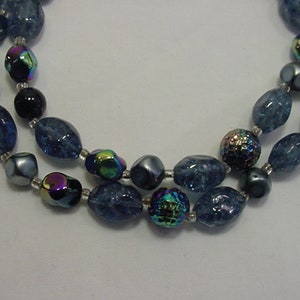 Vintage Blue With Sparkles & Aurora Borealis Glass Bead Two Strand Adjustable Necklace  19 - 372