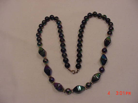 Vintage Metallic Blue Purple Green Beads Necklace… - image 2