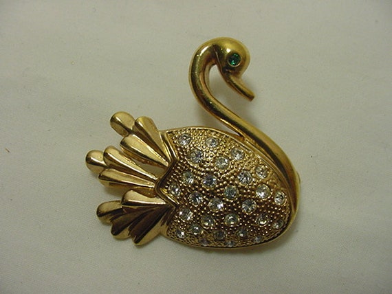 Broche Cygogne Métal Argenté Avec Strass Vert - Bijou Fantaisie élégant - Neuf Sans Emballage