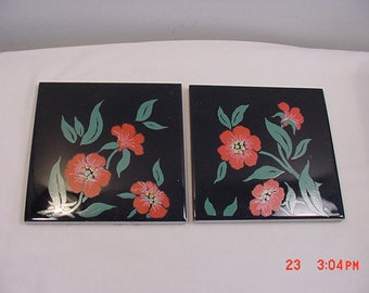 2 Vintage Decorative Ceramic Tiles With Red Flowers  18 - 1083