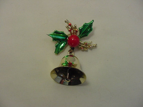 Vintage Real Bell & Holly Christmas Brooch  21 - … - image 1
