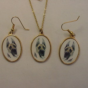 Vintage Laura Rogers Artist Signed Great Dane Dog Necklace & Pierced Earring Set  20 - 139