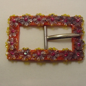 Vintage Pink & Orange Plastic Art Deco Style Belt Buckle With Flower And Rhinestone Accents  18 - 1852
