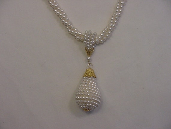 Vintage Faux Pearl 3 Strand Necklace With Removab… - image 1