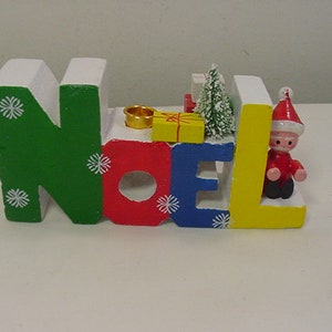 Vintage Holz Worte von Weihnachten Noel Kerzenhalter in Original Box 19 - 1124