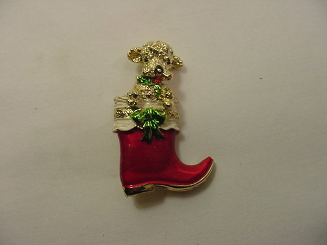 Broche Vintage Rare - Petit Chien Barboncino De Noël (Poodle Christmas) - Occasion - Bijou Ancien